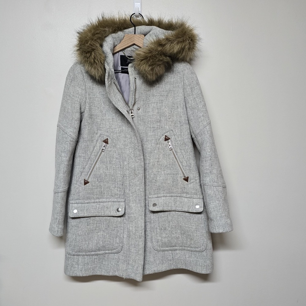 J. Crew Chateau Parka Italian Stadium-Cloth Wool Fur Heathered Dusk Gray Sz 0
